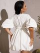 Women's Deep V Neck Puff Sleeve High Rise Flare Dress Elastic Waist Dress