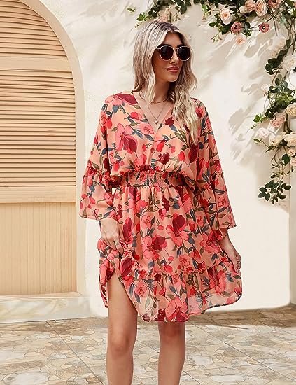 Women's Floral Dress Bohemian A-Line Chiffon Dress Casual Dolman Sleeve Short Dress