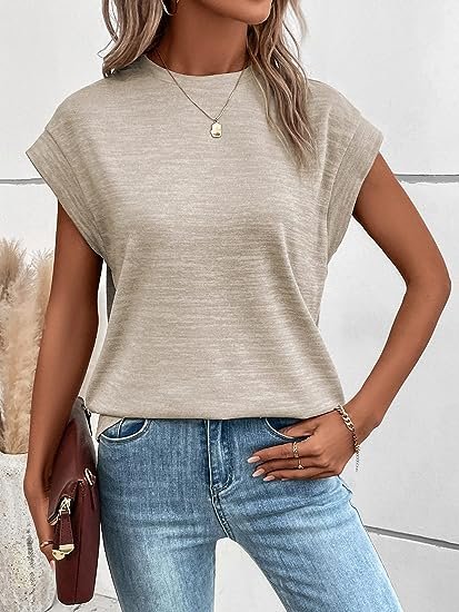Women's Mock Neck Cap Sleeve T Shirts Tops Casual Basic Tee