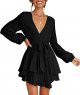 Women's Dress Deep V Neck Long Sleeve Waist Tie Ruffle Dress