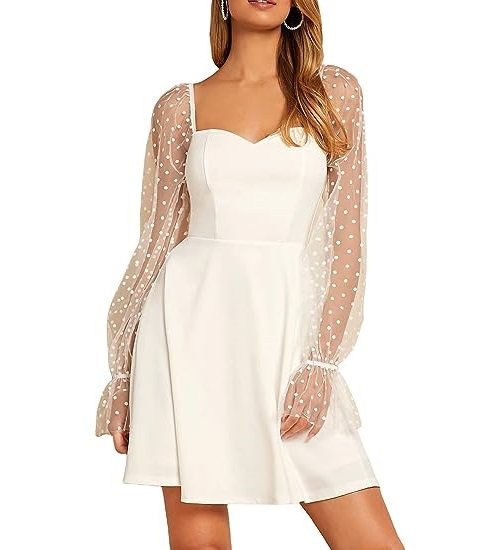 Women's Polka Dots Mesh Long Sleeve A Line Mini Flowy Wedding Guest Bridesmaid Dress