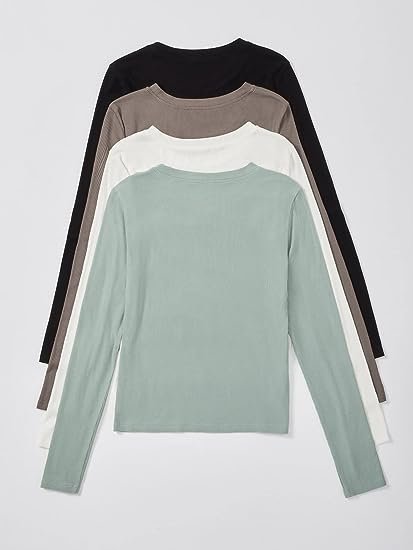 Women's 4 Piece Basic T Shirt Round Neck Long Sleeve Tee Top