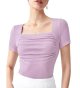 Women's Short Sleeve Square Neck Ruched Tee Top Ribbed Slim Fitted T Shirt