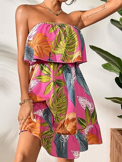 Women's Floral Summer Beach Dress Tropical Leaves Print Sleeveless Ruffle Hem Bandeau Dress