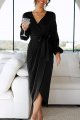 Women's Long Satin Puff Sleeve Wrap V Neck Ruffled Drawstring Maxi Dress